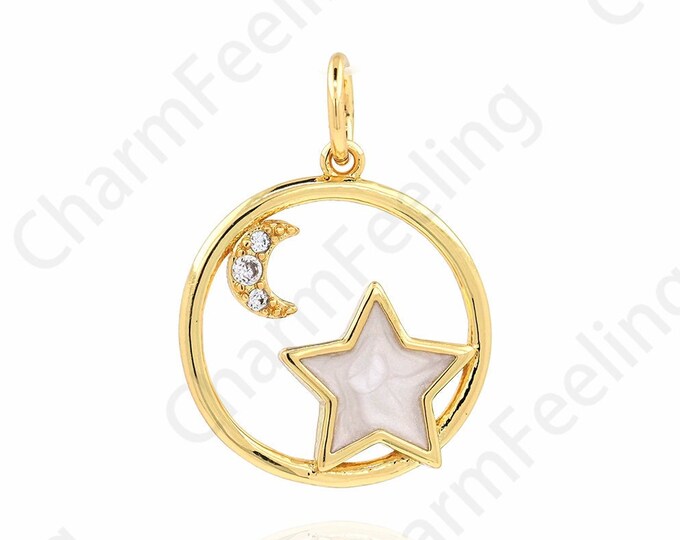 18K Gold Filled Star Pendant, Enamel Moon Pendant, Star Charm, Crescent Moon Necklace, Enamel Polaris Necklace 19x14x2mm