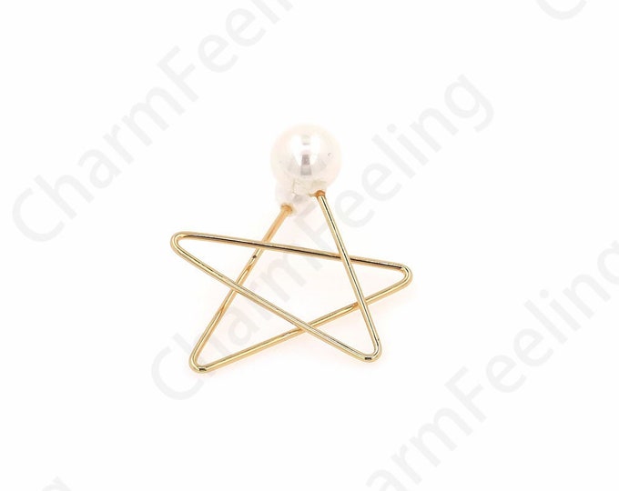 Pentagram Pendant, Pearl Pendant, 18K Gold Filled Star Necklace, Line Charm, Pearl Charm, Pentagram Jewelry, DIY Jewelry Supplies, 28x26mm