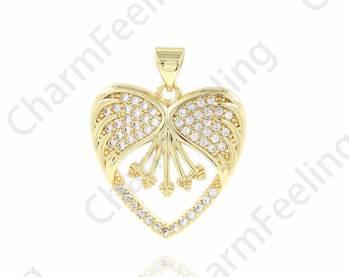 Micropavé CZ Angel Heart Pendant, Heart Necklace, Heart Charm, Angel Charm, Love Necklace,DIY Jewelry Supplies,  21x26.5x4mm 1pcs