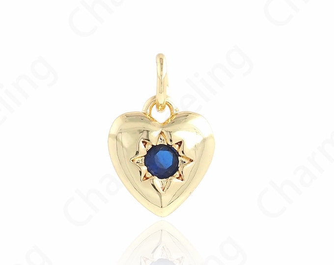 Puffed Gold Heart-Shaped Necklace, 18K Gold Filled Gold Heart Pendant,Micropavé CZ Heart Charm, Love Charm,DIY Jewelry Supplies, 13x9x2.3mm