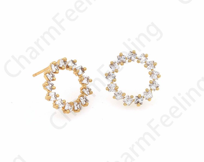 1 Pair,Micropavé CZ Simple Round Earrings, 18K Gold Filled Circle Earrings, Bone Clip Earrings, Hollow Round Earrings,13.8x13.8mm