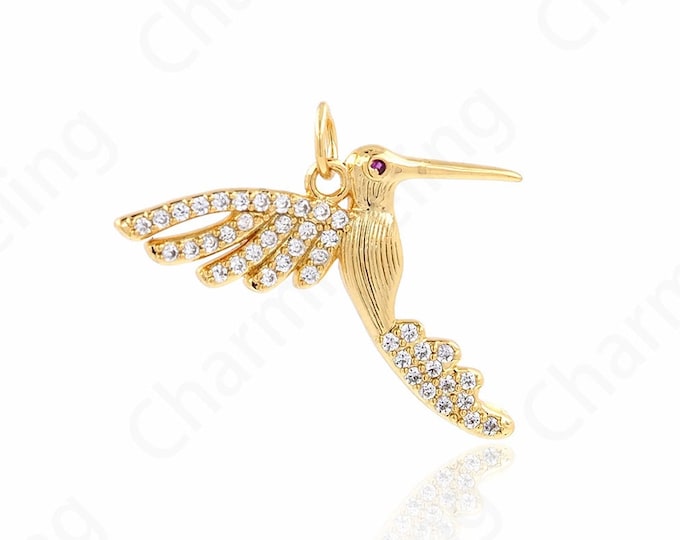 Micropavé Cubic Zirconia Jewelry Animal Pendant, 18K Gold Filled Bird Pendant, Hummingbird Necklace,Animal Charm,Bird Charm,23.7x26x2mm