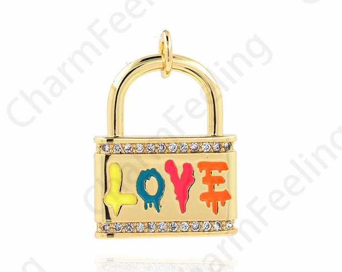 Text Lock Pendant, Love Necklace, Micropavé CZ Lock Charm, 18K Gold Filled Love Lock Pendant, Enamel Charm,DIY Jewelry Supplies, 21.5x15x3mm