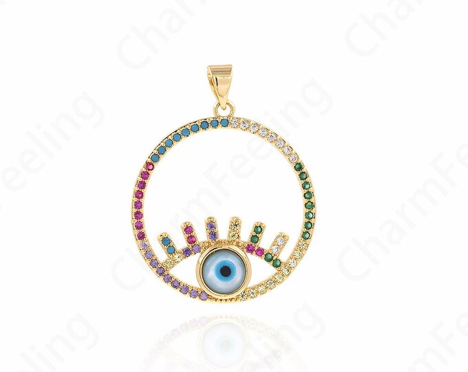 Eye Pendant, Micropavé CZ Enamel Eyes, 18K Gold Filled Round Eye Pendant, DIY Jewelry Accessories, 33x26x3.5mm