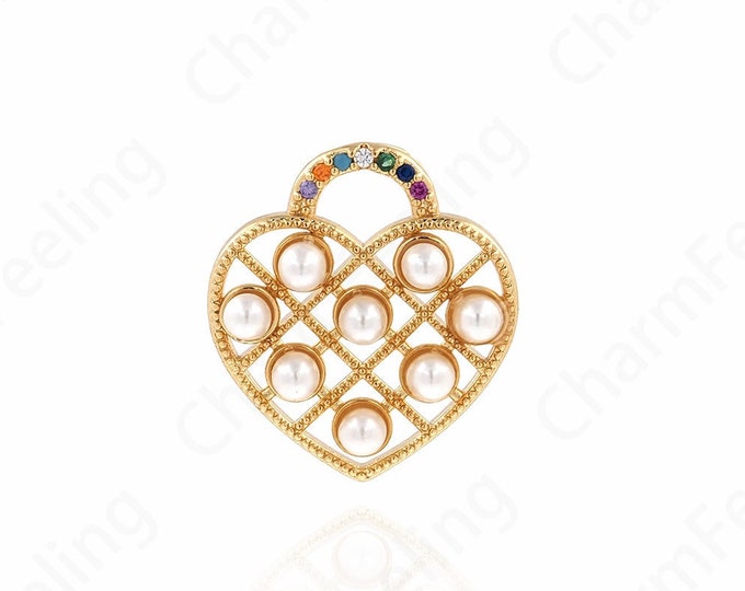 Pearl Heart Pendant,Micropavé CZ Heart Pendant, 18K Gold Filled Love Necklace, Love Charm,Gift for Her,DIY Jewelry Accessories,21x19x6.5mm