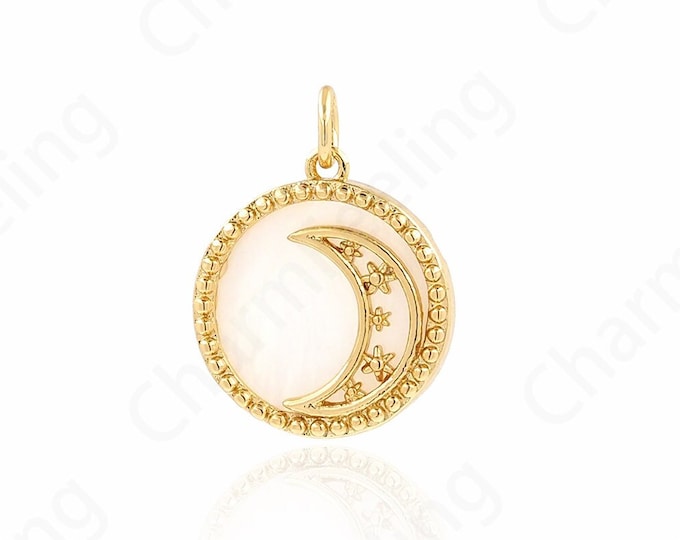 Shell Charm,Round Moon Charm, Micro-Pave Dainty Moon Pendant,Moon Necklace,DIY Jewelry Making Accessories 16x21x3.2mm