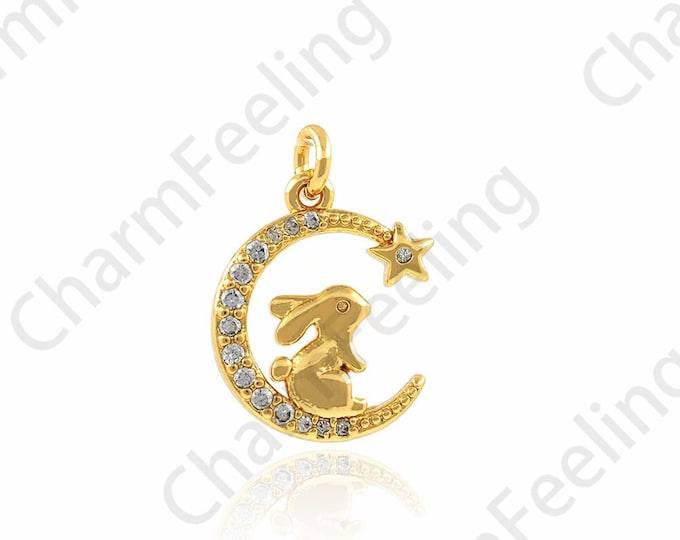 Rabbit Pendant, Micropavé CZ Moon Charm, 18K Gold Filled Crescent Charm, Animal Charm, DIY Jewelry Accessories, 12x16.5x2.5mm