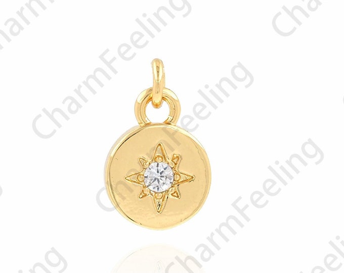 18K Gold Filled Star Necklace, Micropavé CZ Star Charm, Polaris Pendant, Round Charm, DIY Jewelry Supplies, 8.5x13.5x1.8mm