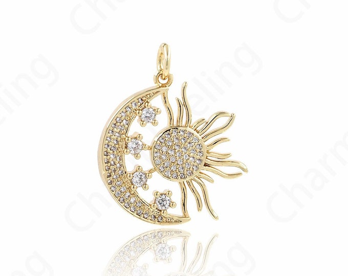 Moon Necklace, Sun Pendant, 18K Gold Filled Crescent Charm, Sunshine Necklace, Micropavé CZ Moon Charm, DIY Jewelry Supplies, 29.3x24x3.5mm