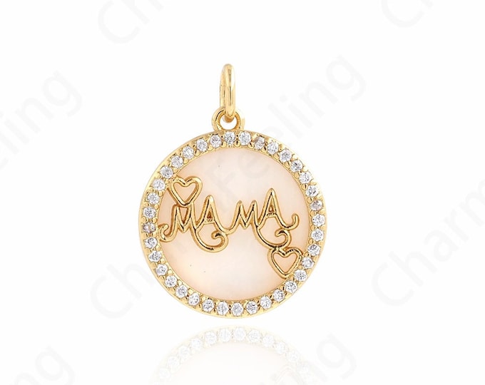 Round Pendant, Micropavé CZ Shell Necklace, 18K Gold Filled Mother's Day Charm, Word Necklace, DIY Jewelry Supplies, 15.7x21x3.5mm