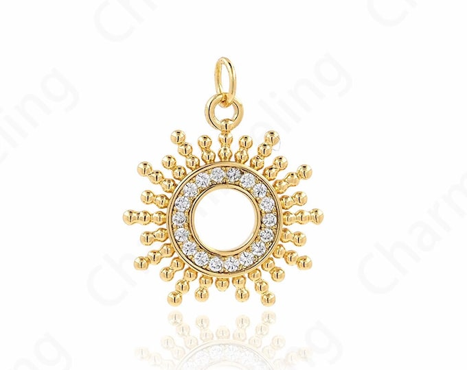 Sun Charm, Sun Necklace, Micropavé CZ Sunshine Pendant, 18K Gold Filled Round Coin Pendant, DIY Jewelry Accessories 25x20x2mm