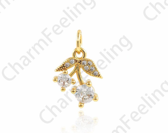 Cherry Pendant, Micropavé CZ Fruit Charm, Fruit Necklace, 18K Gold Filled Cherry Charm, DIY Jewelry Accessories, 9.5x16x3.5mm