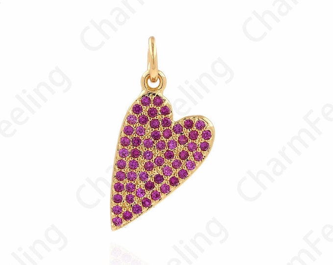18K Gold Filled Heart Pendant, Love Charm, Micropavé CZ Love Necklace,Oblique Heart Charm, DIY Jewelry Accessories,10x20x1.5mm