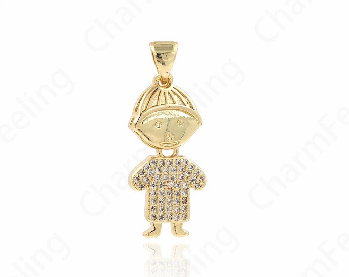 18K Gold Filled Boys Charm, Boys Pendant, Micropavé CZ Kids Charm, Boys Necklace, DIY Jewelry Supplies, 29x11x3mm