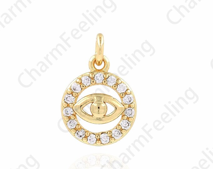 Round Necklace, Micropavé CZ Eye Charm,Round Eye Charm, 18K Gold Filled Eye Pendant,DIY Jewelry Making Accessories,9.5x13.5x3mm