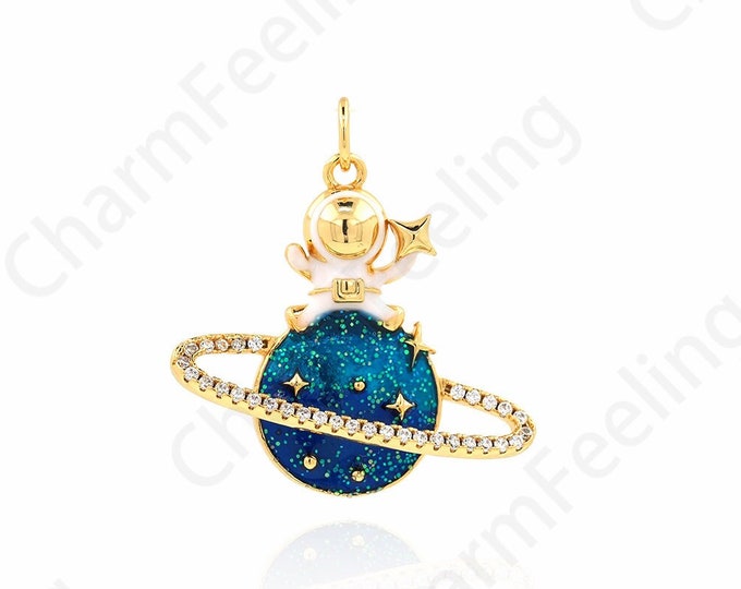 Micropavé CZ Planet Pendant, 18K Gold Filled Saturn Necklace, Space Bracelet, Enamel Star Pendant, DIY Jewelry Accessories 27x25x5mm