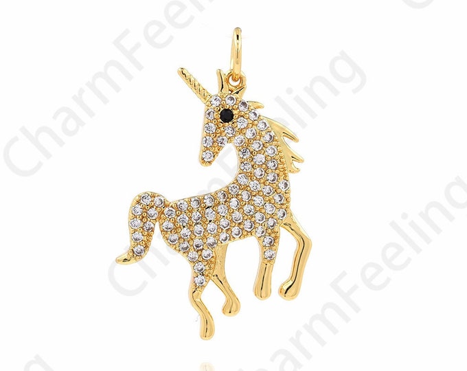 Micropavé CZ Unicorn Pendant, Horse Necklace,Animal Charm, 18K Gold Filled Unicorn Charm, DIY Jewelry Supplies, 27x19x2mm