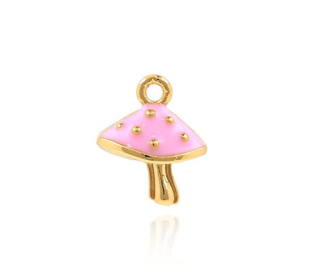 Enamel Charm, Exquisite Mushroom Pendant, 18K Gold Filled Fungus Necklace, Mushroom Charm, Gourmet Necklace, Food Pendant 9x7.5x3mm