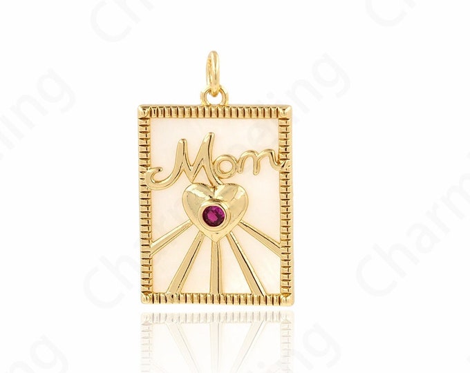 Gift for Mother, Heart Pendant,Micropavé CZ Letter Necklace,18K Gold Filled MOM Necklace,Square Pendant DIY Jewelry Supplies,24.2x17.5x3.5mm