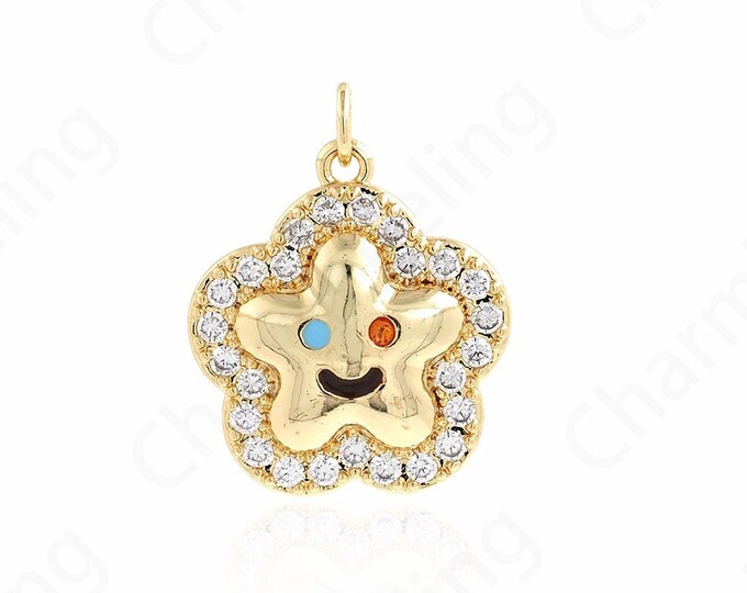 Flower Face Pendant, Micro Pavé CZ Flower Necklace, 18K Gold Filled Flower Charm, Face Pendant,Smile Charm,DIY Jewelry Supplies, 20x26x4.3mm