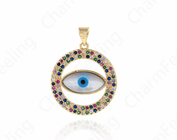 Micropavé CZ Enamel Eyes, 18K Gold Filled Round Eye Pendant, Eye Pendant, DIY Jewelry Accessories, 22.5x30x3.5mm