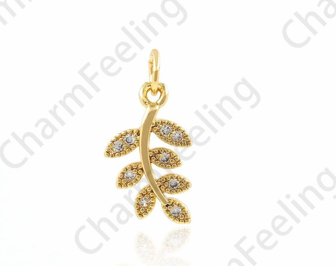 Micropavé CZ Plant Charm, Branch Pendant, 18K Gold Filled Branch Necklace, Plant Pendant, DIY Jewelry Accessories,9.5x18.5x2mm