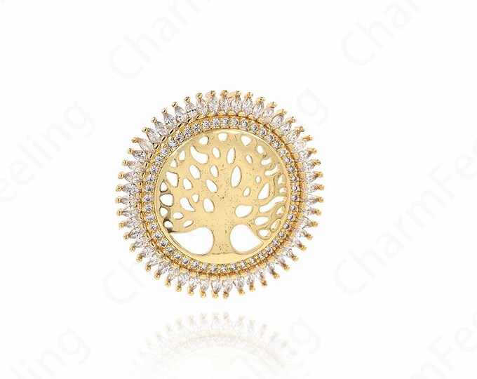 Micropavé CZ Plant Charm, 18K Gold Filled Round Pendant, Tree Of Life Necklace, Tree Of Life Charm, DIY Jewelry Accessories, 31x31x3.5mm