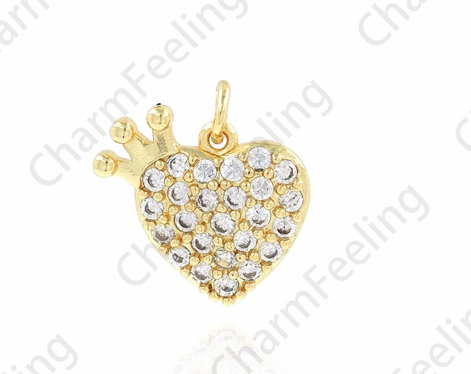 Micropavé CZ Heart Pendant, 18K Gold Filled Love Charm, Crown Heart Charm, Crown Necklace, DIY Jewelry Supplies, 12.5x13x2.8mm