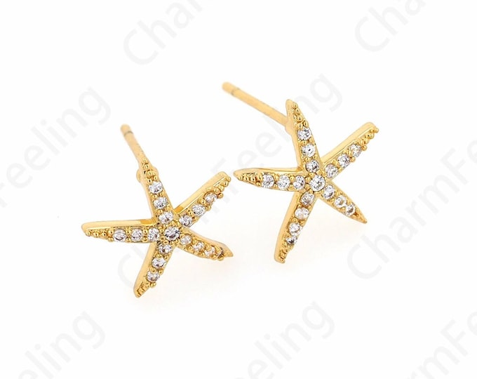 Starfish Earrings, Starfish Jewelry, 18K Gold Filled Sea Life Earrings, Micropavé CZ Pentagram Earrings, Gift For Her,10.6x11x2mm