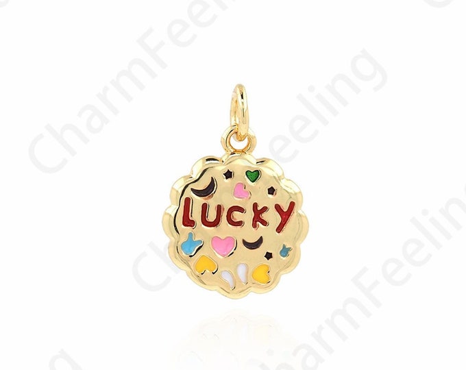 Lucky Pendant, Enamel Charm, 18K Gold Filled Word Necklace, Word Charm, Round Charm, DIY Jewelry Supplies, 19x13.3x2mm