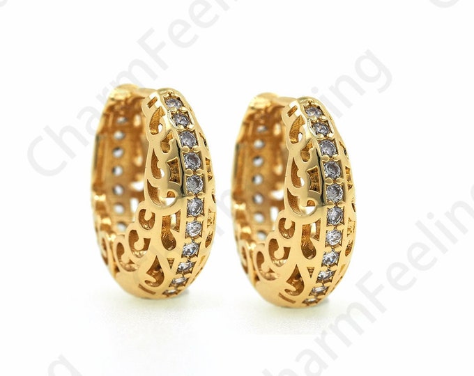 Filigree Earrings,Micropaved CZ Gold Earrings, 18K Gold Filled Dainty Earrings,Simple Hoops Earrings,A Gift For Her,20x18x7.5mm