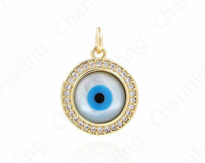 18K Gold Filled Round Eye Pendant, Eye Pendant, Micropavé CZ Enamel Eyes, DIY Jewelry Accessories, 15x20.5x3.5mm