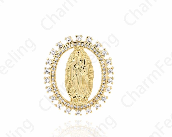 Oval Maria Pendant, Catholic Charm, 18K Gold Filled Madonna Charm, Our Lady Pendant, DIY Jewelry Supplies, 27x23.8x5mm