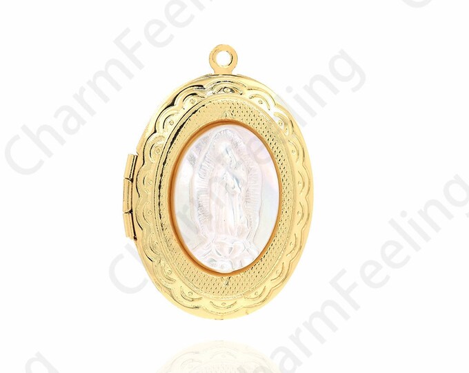18K Gold Filled Madonna Pendant, Framed Charm, Shell Jewelry, Oval Box Necklace, DIY Jewelry Supplies, 33x23.5x6.5mm