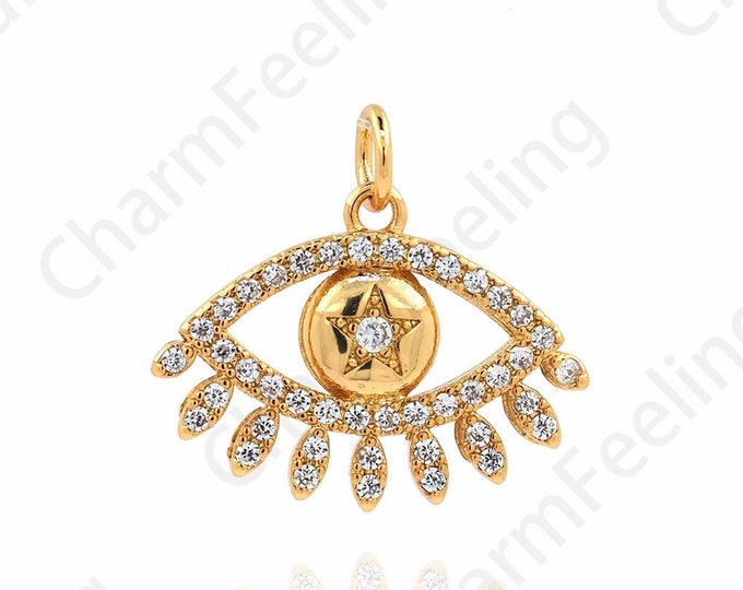 18K Gold Filled Eye Charm, MicroPave CZ Eye Pendant, Eye Necklace,DIY Jewelry Making Accessories 19x25x1.5mm