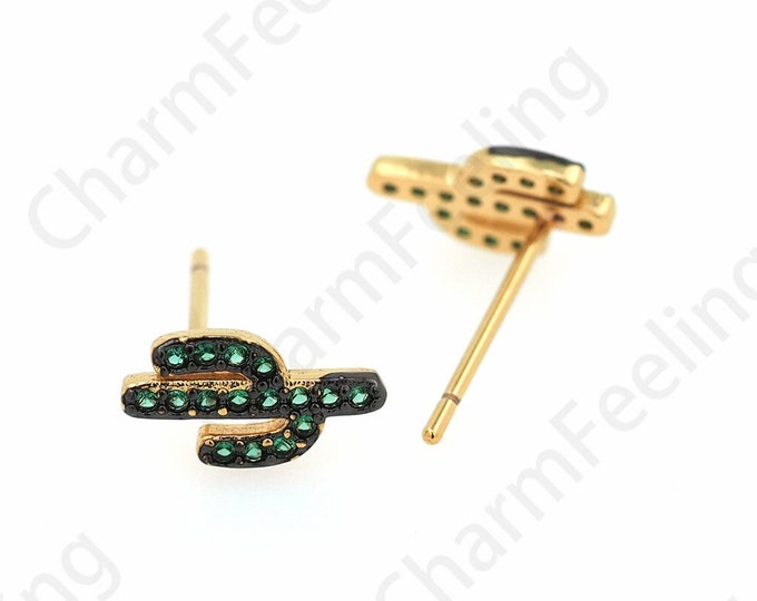 Cactus Stud Earrings, Micropavé CZ Cactus Charm, 18K Gold Filled Plant Earrings, Plant Charm, Pierced Earrings,DIY Jewelry Supplies,10x5.5mm