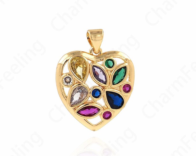 18K Gold Filled Heart Charm, Love Charm, Heart Pendant, Micropavé CZ Love Necklace,DIY Jewelry Accessories, 25.5x20x4mm