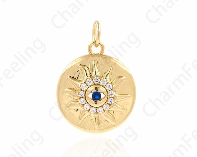 Round Pendant, Micropavé CZ Eye Pendant, Sun Eye Charm, 18K Gold Filled Sun Necklace, DIY Jewelry Supplies, 19x15x3.7mm