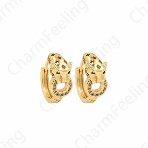 Leopard Earrings,Pierced Earrings,18K Gold Filled Animal Earrings,Gift For Her,MicroPave CZ Round Earrings,DIY Jewelry Supplies,13x15.5x6mm