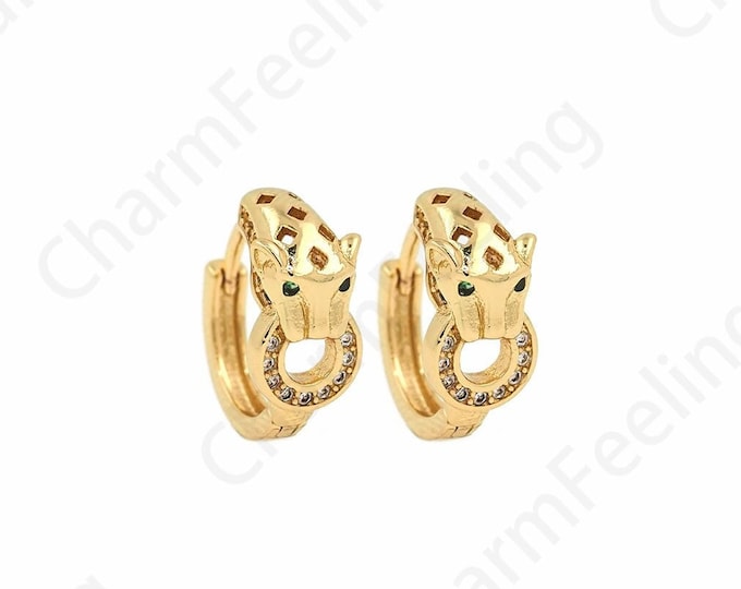 Leopard Earrings,Pierced Earrings,18K Gold Filled Animal Earrings,Gift For Her,MicroPave CZ Round Earrings,DIY Jewelry Supplies,13x15.5x6mm