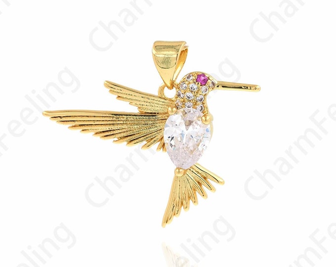 Animal Pendant, 18K Gold Filled Bird Pendant, Hummingbird Necklace,Animal Charm,Bird Charm,Micropavé Cubic Zirconia Jewelry 25.1x23.7x4.1mm