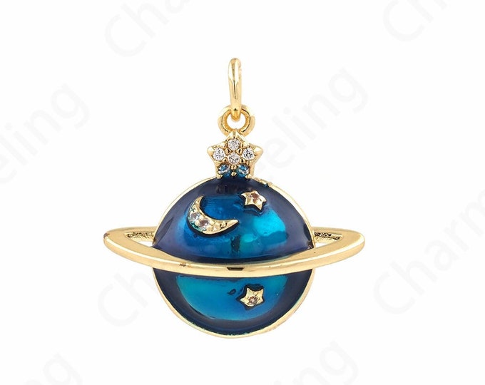Universe Pendant, Saturn Pendant, Micropavé CZ Saturn Charm, 18K Gold Filled Round Charm, Planet Charm, DIY Jewelry Supplies, 22x21.5x8.5mm