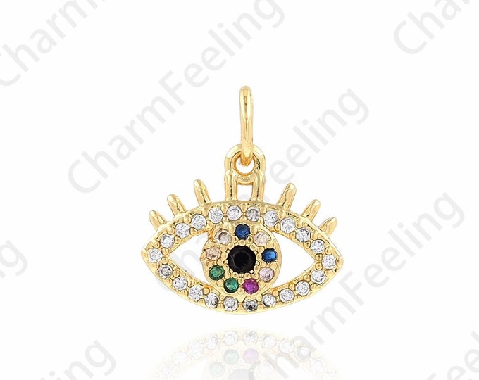 Micropavé CZ Devil's Eye Pendant, Lucky Eye Necklace, Eye Charm, 18K Gold Filled Eye Necklace, DIY Jewelry Supplies, 12.5x14x1.7mm
