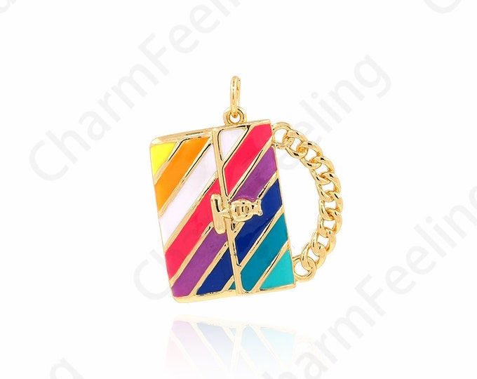 Bag Pendant, Micropavé CZ Handbag Charm, Enamel Pendant, 18K Gold Filled Dainty Necklace, Gift For Her, DIY Jewelry Supplies, 27x23x3.7mm