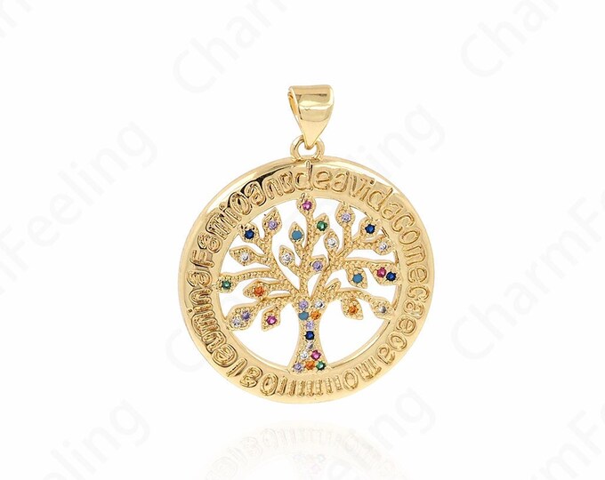 Tree Of Life Necklace, Micropavé CZ Plant Charm, 18K Gold Filled Round Pendant, Tree Of Life Charm, DIY Jewelry Accessories, 32x25x3mm