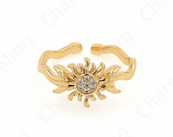 Sun Ring, 18K Gold Filled Round Ring, Micro Pavé CZ Adjustable Ring, Gold Split Ring, Sun Jewelry,