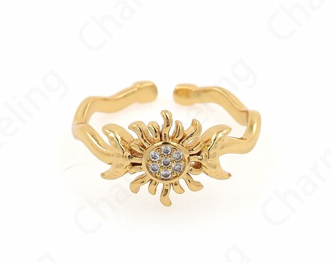 Sun Ring, 18K Gold Filled Round Ring, Micro Pavé CZ Adjustable Ring, Gold Split Ring, Sun Jewelry,