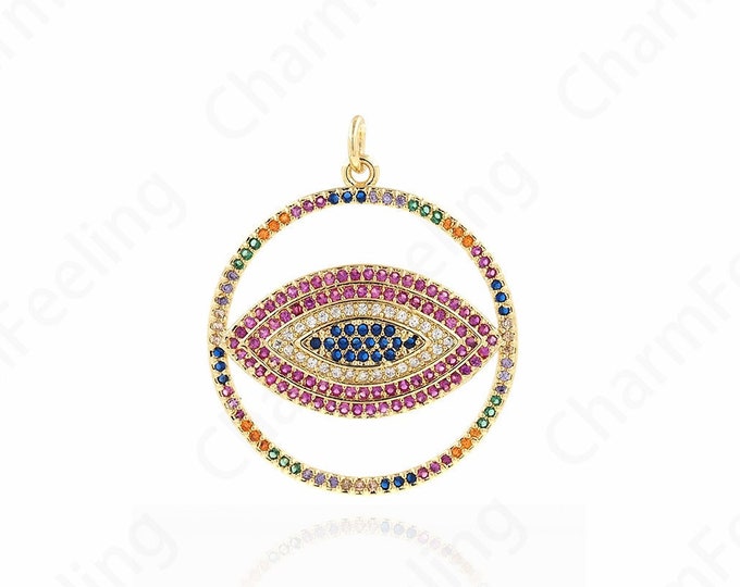 18K Gold Filled Round Eye Pendant, Eye Pendant, Micropavé CZ Enamel Eyes, DIY Jewelry Accessories, 32.5x26.5x4mm