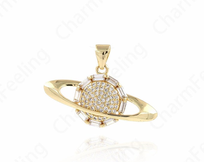 Saturn Pendant, Cosmic Charm, 18K Gold Filled Saturn Charm, Planet Pendant, Micropavé CZ Star Ring Charm, DIY Jewelry Supplies, 29x20.5x4mm