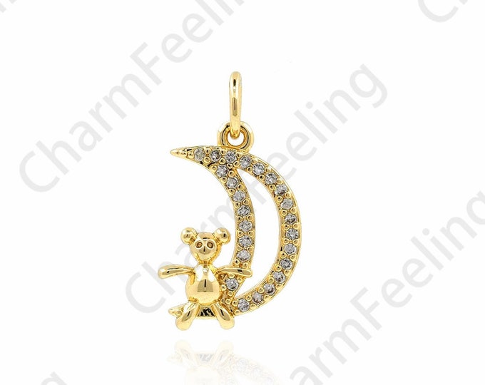 Micropavé CZ Moon Pendant, Bear Charm, 18K Gold Filled Crescent Necklace, Moon Charm, Bear Pendant, DIY Jewelry Accessories, 19x10x2mm